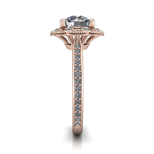 Mariana round vintage halo engagement ring in 18K Rose Gold, side profile showing the floral halo and pavé band