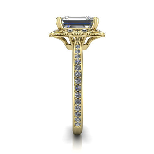 Mariana emerald-cut vintage halo engagement ring in 18K Yellow Gold, side profile showing the floral halo and pavé band