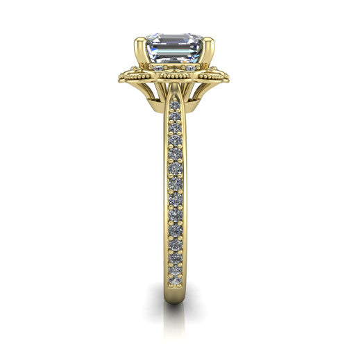 Mariana square emerald-cut vintage halo engagement ring in 18K Yellow Gold, side profile showing the floral halo and pavé band
