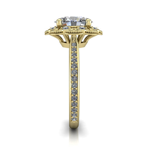 Mariana oval vintage halo engagement ring in 14K Yellow Gold, side profile showing the floral halo and pavé band
