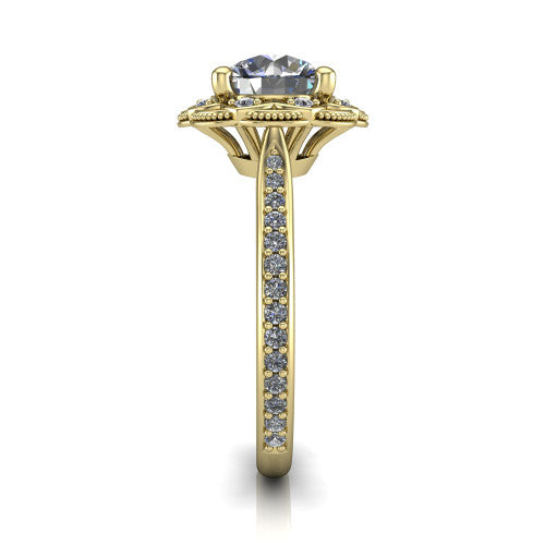 Mariana round vintage halo engagement ring in 14K Yellow Gold, side profile showing the floral halo and pavé band