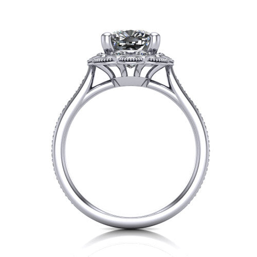 Mariana cushion-cut vintage halo engagement ring in 14K White Gold, through-finger front profile showing the filigree gallery beneath the halo
