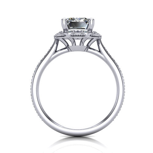 Mariana emerald-cut vintage halo engagement ring in Platinum, through-finger front profile showing the filigree gallery beneath the halo