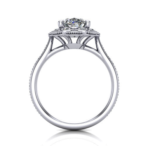 Mariana oval vintage halo engagement ring in 14K White Gold, through-finger front profile showing the filigree gallery beneath the halo