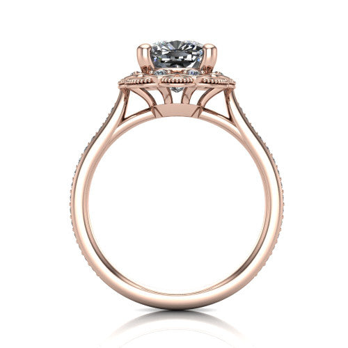 Mariana cushion-cut vintage halo engagement ring in 18K Rose Gold, through-finger front profile showing the filigree gallery beneath the halo