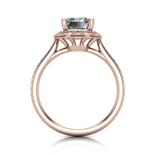 Mariana emerald-cut vintage halo engagement ring in 14K Rose Gold, through-finger front profile showing the filigree gallery beneath the halo