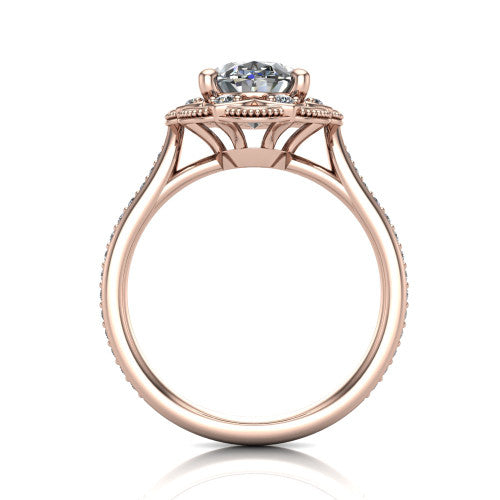 Mariana oval vintage halo engagement ring in 14K Rose Gold, through-finger front profile showing the filigree gallery beneath the halo