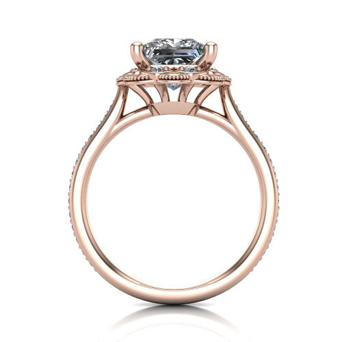 Mariana princess-cut vintage halo engagement ring in 14K Rose Gold, through-finger front profile showing the filigree gallery beneath the halo