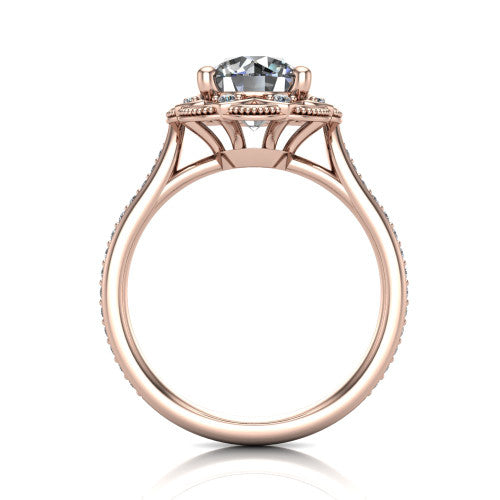 Mariana round vintage halo engagement ring in 14K Rose Gold, through-finger front profile showing the filigree gallery beneath the halo