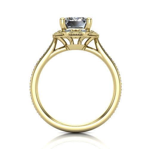 Mariana emerald-cut vintage halo engagement ring in 14K Yellow Gold, through-finger front profile showing the filigree gallery beneath the halo