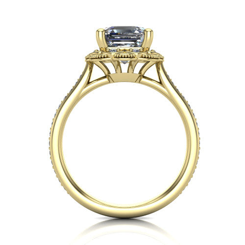 Mariana square emerald-cut vintage halo engagement ring in 18K Yellow Gold, through-finger front profile showing the filigree gallery beneath the halo