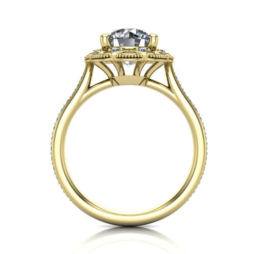 Mariana round vintage halo engagement ring in 14K Yellow Gold, through-finger front profile showing the filigree gallery beneath the halo