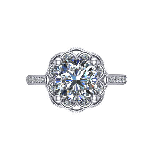 Mariana cushion-cut vintage halo engagement ring in Platinum, top-down view showing the cushion-cut center diamond framed by the floral scrollwork halo