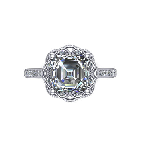 Mariana square emerald-cut vintage halo engagement ring in 18K White Gold, top-down view showing the square emerald-cut center diamond framed by the floral scrollwork halo