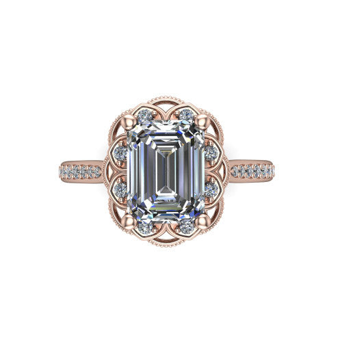 Mariana emerald-cut vintage halo engagement ring in 14K Rose Gold, top-down view showing the emerald-cut center diamond framed by the floral scrollwork halo