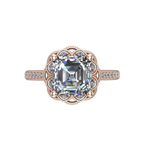 Mariana square emerald-cut vintage halo engagement ring in 14K Rose Gold, top-down view showing the square emerald-cut center diamond framed by the floral scrollwork halo