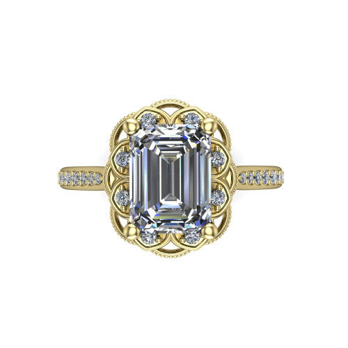 Mariana emerald-cut vintage halo engagement ring in 18K Yellow Gold, top-down view showing the emerald-cut center diamond framed by the floral scrollwork halo