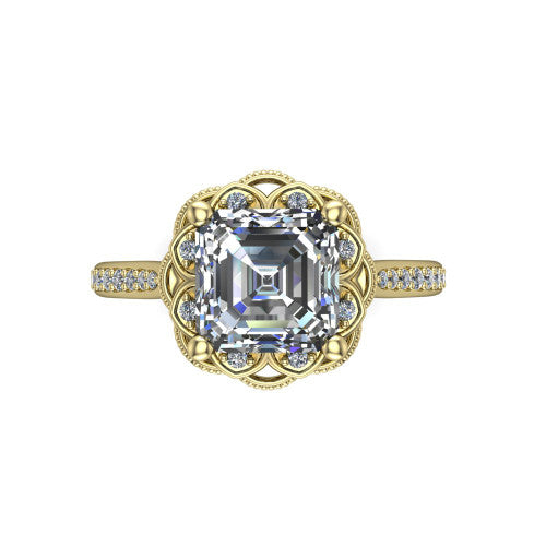 Mariana square emerald-cut vintage halo engagement ring in 18K Yellow Gold, top-down view showing the square emerald-cut center diamond framed by the floral scrollwork halo