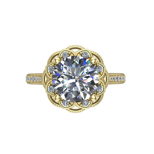 Mariana round vintage halo engagement ring in 14K Yellow Gold, top-down view showing the round center diamond framed by the floral scrollwork halo