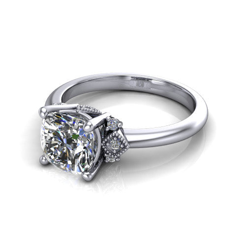 Harmony cushion-cut three stone engagement ring in Platinum, three-quarter perspective showing the cushion-cut center diamond, diamond side clusters, and polished band