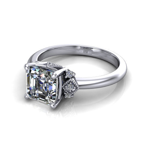 Harmony square emerald-cut three stone engagement ring in 18K White Gold, three-quarter perspective showing the square emerald-cut center diamond, diamond side clusters, and polished band