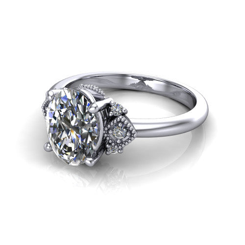 Harmony oval three stone engagement ring in 14K White Gold, three-quarter perspective showing the oval center diamond, diamond side clusters, and polished band