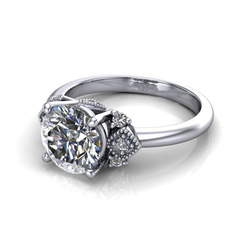 Harmony round three stone engagement ring in 18K White Gold, three-quarter perspective showing the round center diamond, diamond side clusters, and polished band