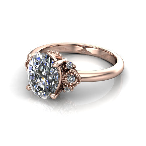 Harmony oval three stone engagement ring in 14K Rose Gold, three-quarter perspective showing the oval center diamond, diamond side clusters, and polished band