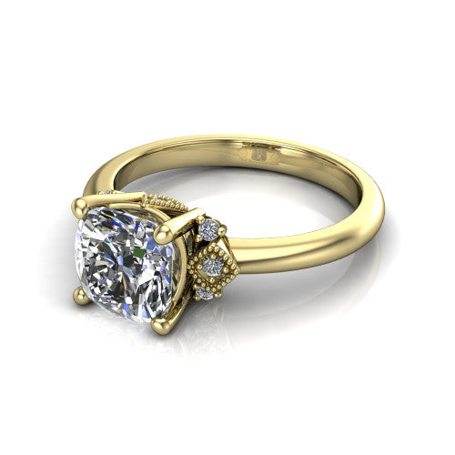 Harmony cushion-cut three stone engagement ring in 14K Yellow Gold, three-quarter perspective showing the cushion-cut center diamond, diamond side clusters, and polished band
