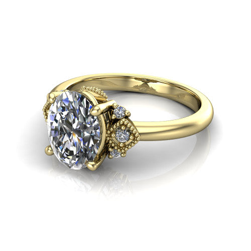 Harmony oval three stone engagement ring in 14K Yellow Gold, three-quarter perspective showing the oval center diamond, diamond side clusters, and polished band