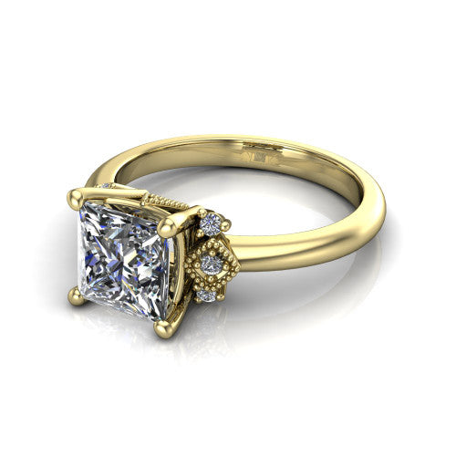 Harmony princess-cut three stone engagement ring in 14K Yellow Gold, three-quarter perspective showing the princess-cut center diamond, diamond side clusters, and polished band