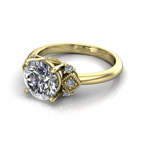Harmony round three stone engagement ring in 18K Yellow Gold, three-quarter perspective showing the round center diamond, diamond side clusters, and polished band