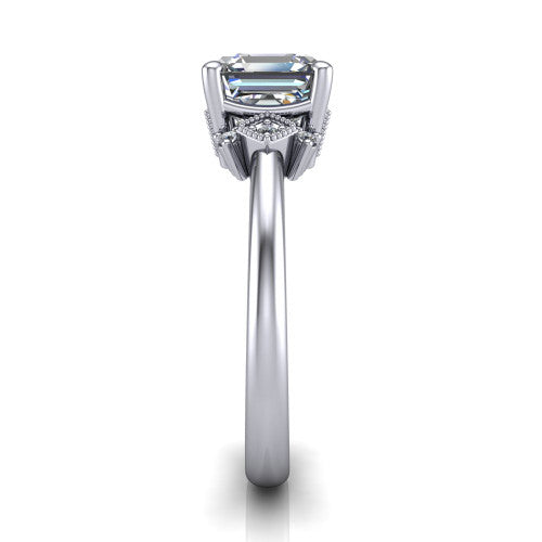 Harmony square emerald-cut three stone engagement ring in 14K White Gold, side profile showing the diamond side clusters and polished band