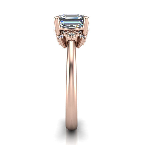Harmony square emerald-cut three stone engagement ring in 14K Rose Gold, side profile showing the diamond side clusters and polished band