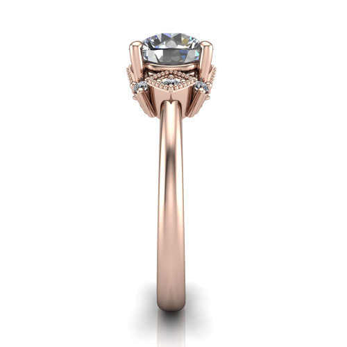 Harmony round three stone engagement ring in 18K Rose Gold, side profile showing the diamond side clusters and polished band