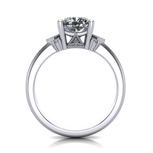 Harmony cushion-cut three stone engagement ring in 18K White Gold, through-finger front profile showing the cluster shoulders and gallery