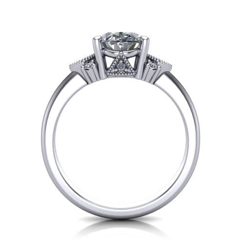 Harmony oval three stone engagement ring in Platinum, through-finger front profile showing the cluster shoulders and gallery