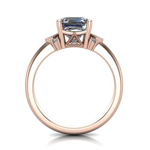 Harmony square emerald-cut three stone engagement ring in 14K Rose Gold, through-finger front profile showing the cluster shoulders and gallery