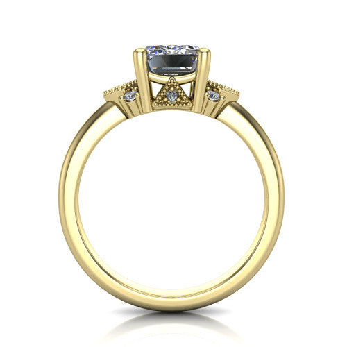 Harmony emerald-cut three stone engagement ring in 18K Yellow Gold, through-finger front profile showing the cluster shoulders and gallery