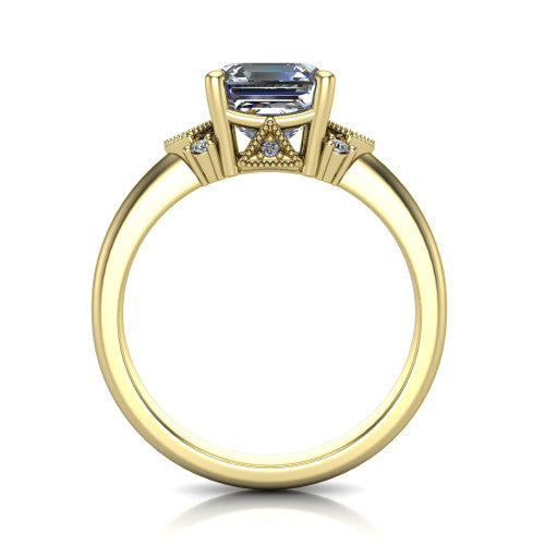 Harmony square emerald-cut three stone engagement ring in 18K Yellow Gold, through-finger front profile showing the cluster shoulders and gallery