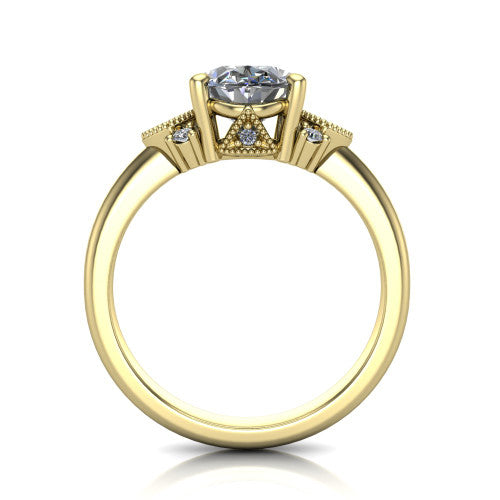 Harmony oval three stone engagement ring in 14K Yellow Gold, through-finger front profile showing the cluster shoulders and gallery