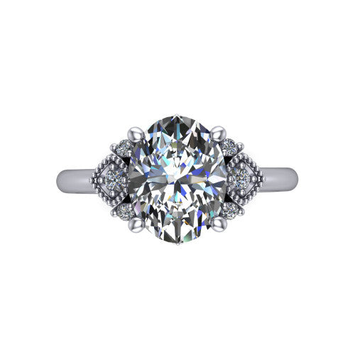 Harmony oval three stone engagement ring in Platinum, top-down view showing the oval center diamond flanked by milgrain diamond clusters
