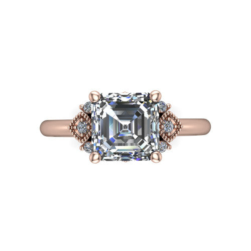 Harmony square emerald-cut three stone engagement ring in 14K Rose Gold, top-down view showing the square emerald-cut center diamond flanked by milgrain diamond clusters
