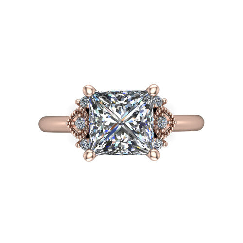 Harmony princess-cut three stone engagement ring in 18K Rose Gold, top-down view showing the princess-cut center diamond flanked by milgrain diamond clusters