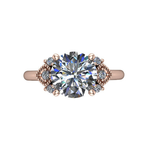 Harmony round three stone engagement ring in 18K Rose Gold, top-down view showing the round center diamond flanked by milgrain diamond clusters