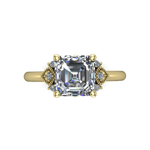 Harmony square emerald-cut three stone engagement ring in 14K Yellow Gold, top-down view showing the square emerald-cut center diamond flanked by milgrain diamond clusters