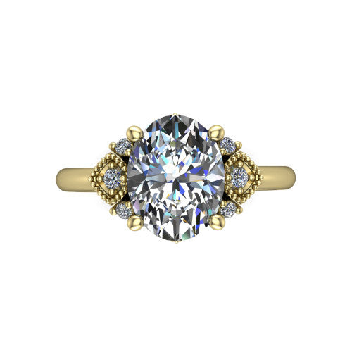 Harmony oval three stone engagement ring in 14K Yellow Gold, top-down view showing the oval center diamond flanked by milgrain diamond clusters