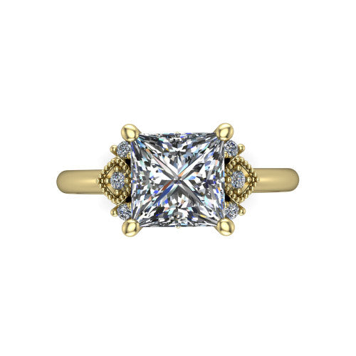 Harmony princess-cut three stone engagement ring in 18K Yellow Gold, top-down view showing the princess-cut center diamond flanked by milgrain diamond clusters