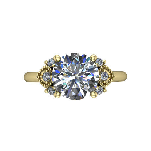 Harmony round three stone engagement ring in 18K Yellow Gold, top-down view showing the round center diamond flanked by milgrain diamond clusters