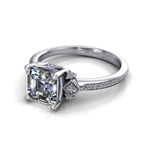 Presley square emerald-cut three stone engagement ring in 18K White Gold, three-quarter perspective showing the square emerald-cut center diamond, diamond side clusters, and pavé band